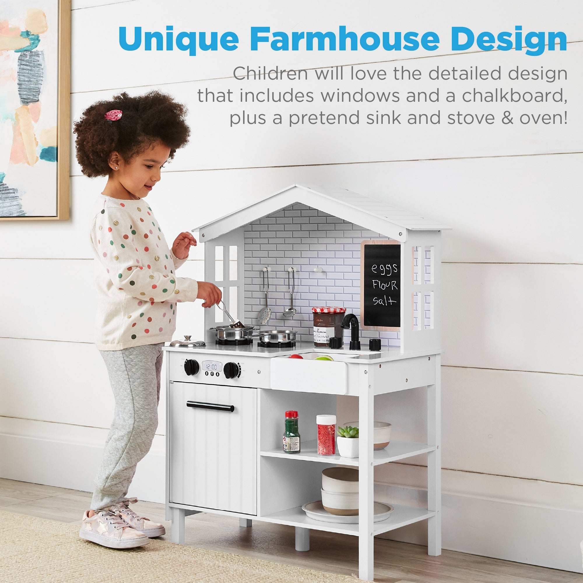 Pretend Play Wooden Farmhouse Kitchen Set with Storage 5 Accessories for convenient daily use