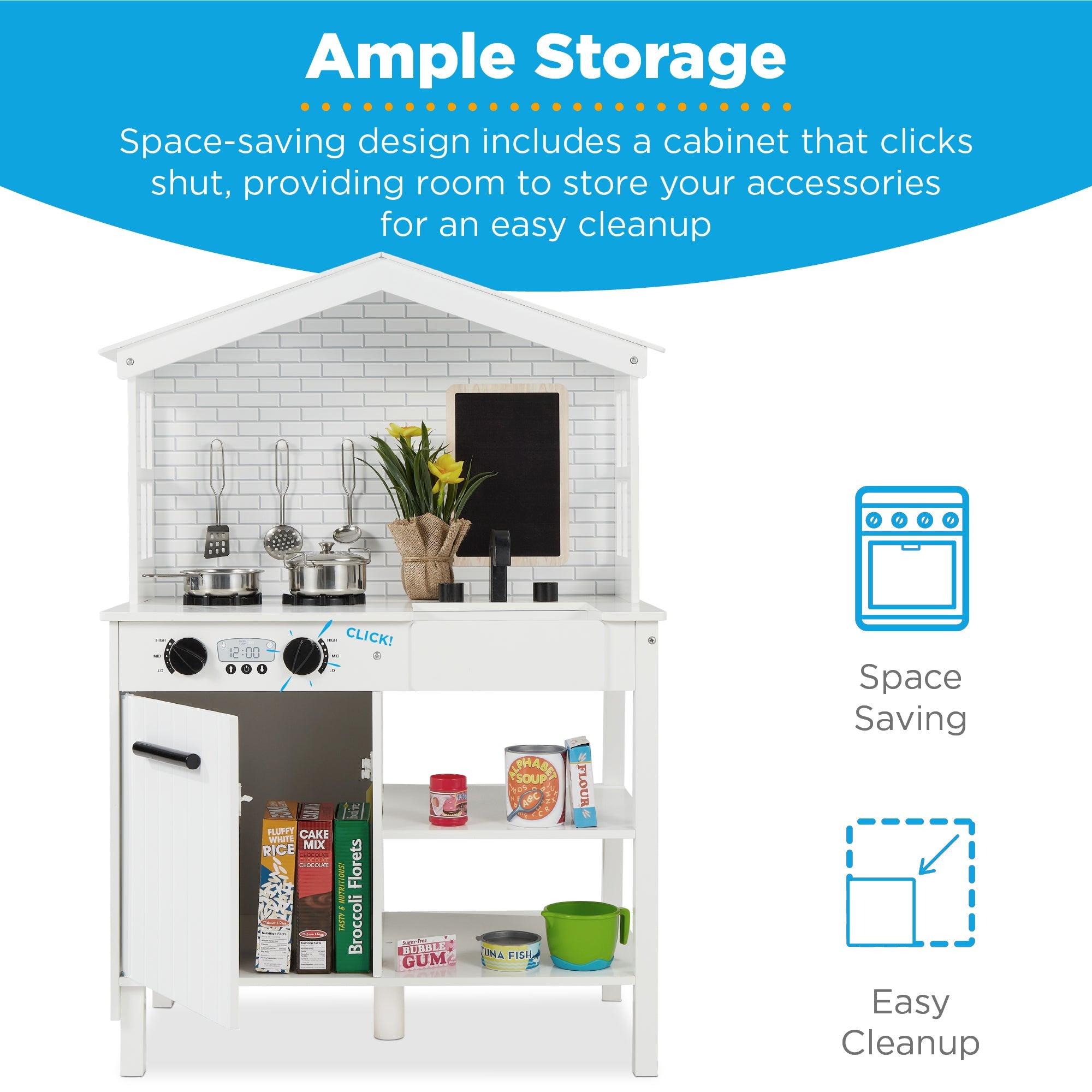 Pretend Play Wooden Farmhouse Kitchen Set with Storage 5 Accessories for convenient daily use