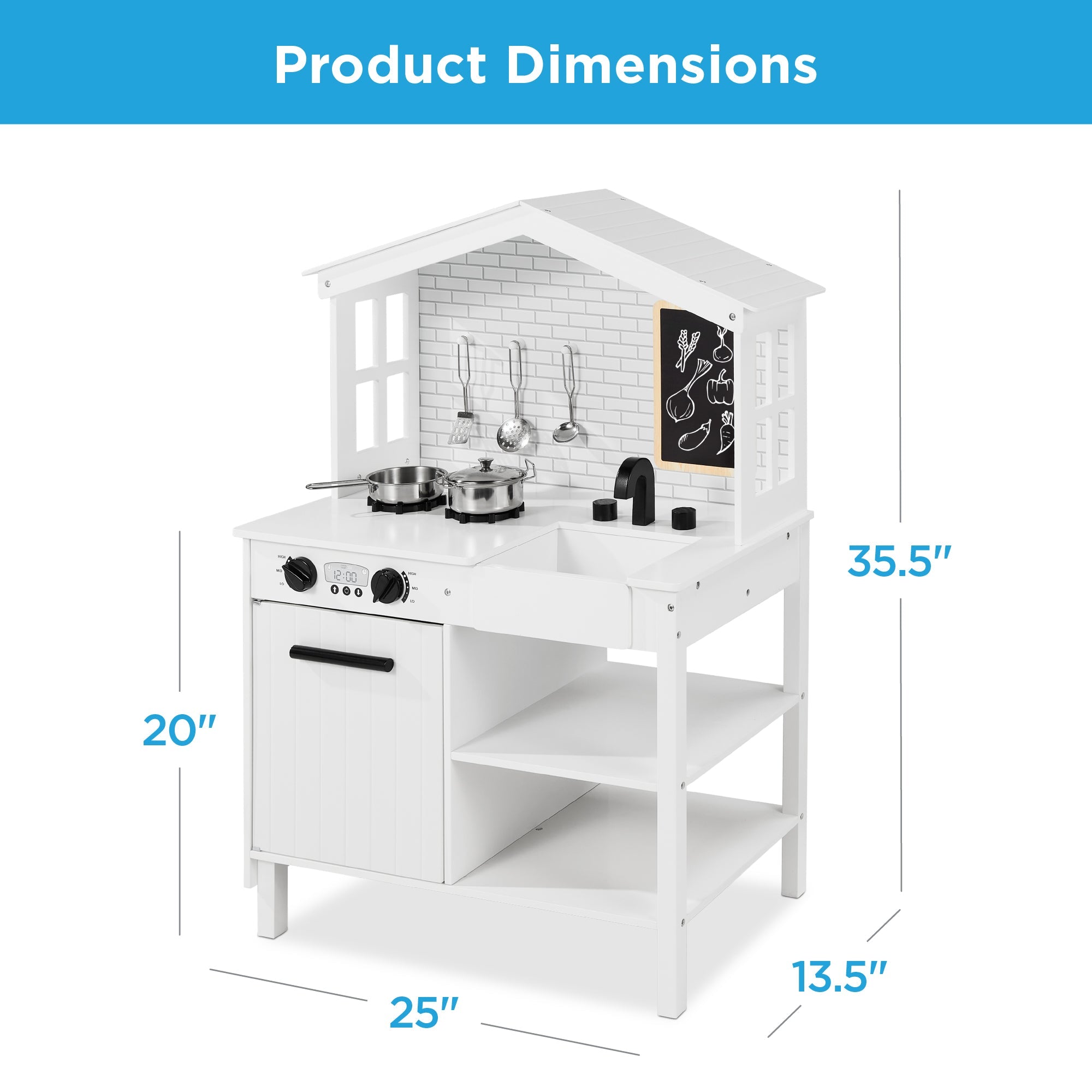 Pretend Play Wooden Farmhouse Kitchen Set with Storage 5 Accessories for convenient daily use