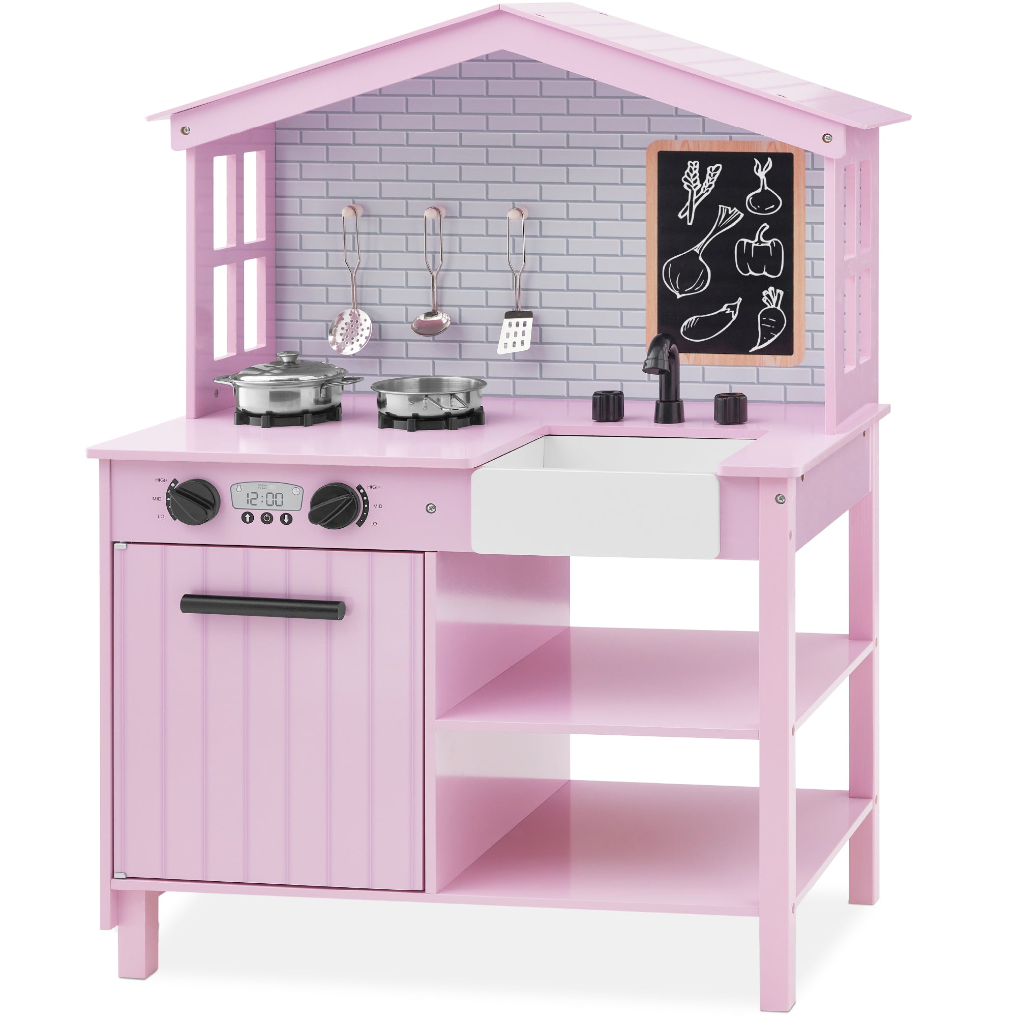 Pretend Play Wooden Farmhouse Kitchen Set with Storage 5 Accessories for convenient daily use