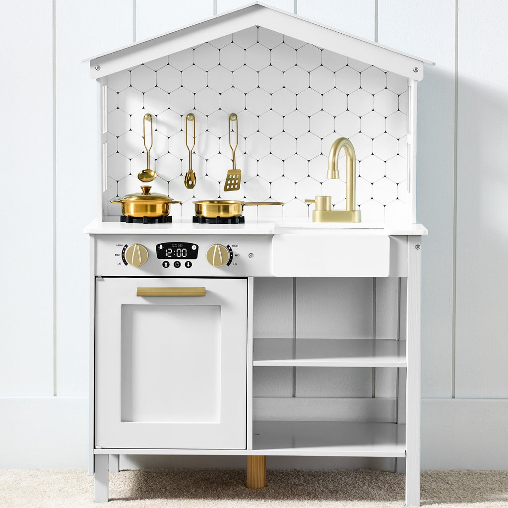 Pretend Play Wooden Farmhouse Kitchen Set with Storage 5 Accessories for convenient daily use