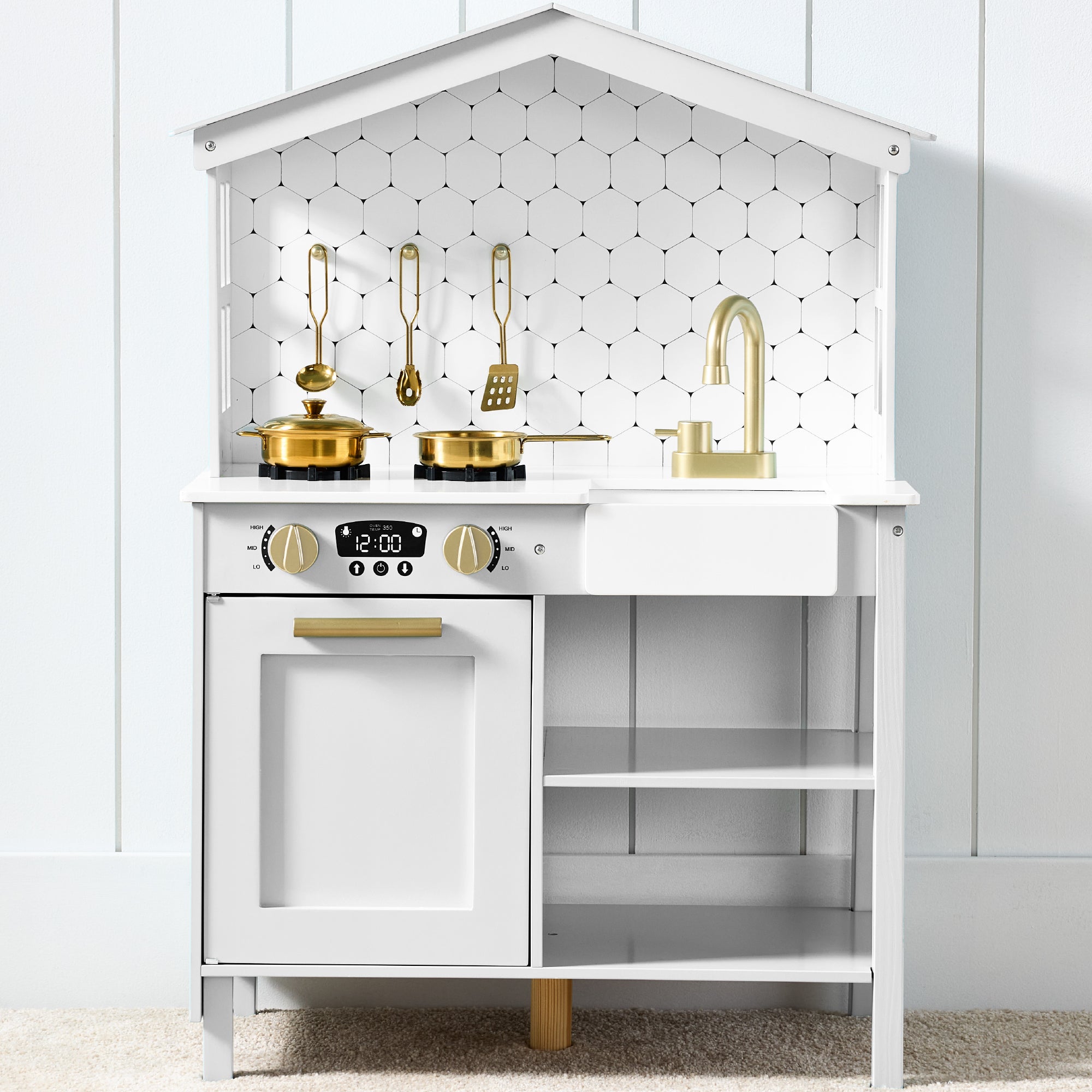 Pretend Play Wooden Farmhouse Kitchen Set with Storage 5 Accessories for convenient daily use