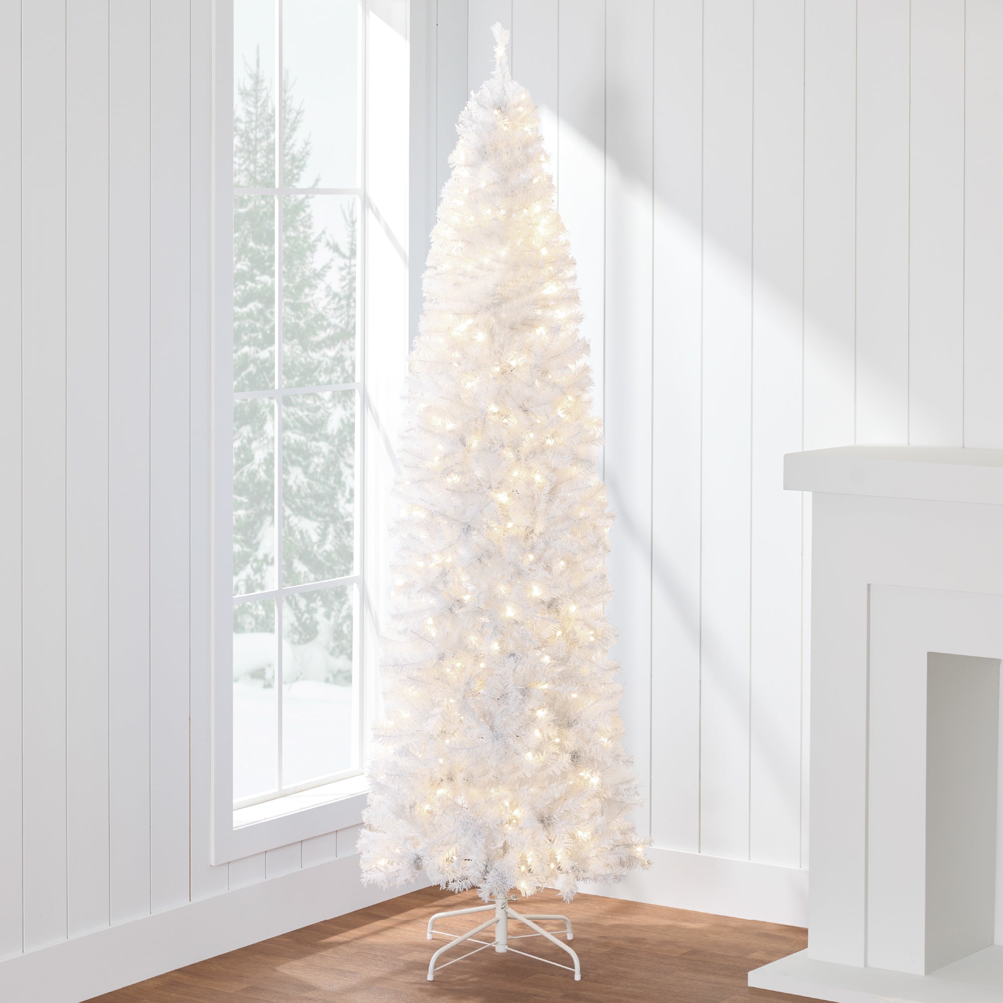 Pre-Lit White Pencil Christmas Tree with Metal Base Incandescent Lights for indoor and outdoor holiday displays