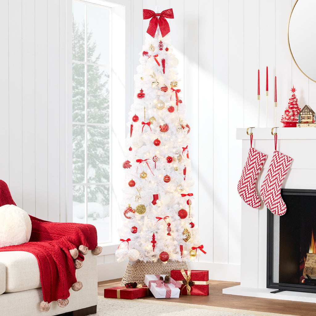 Pre-Lit White Pencil Christmas Tree with Metal Base Incandescent Lights for indoor and outdoor holiday displays