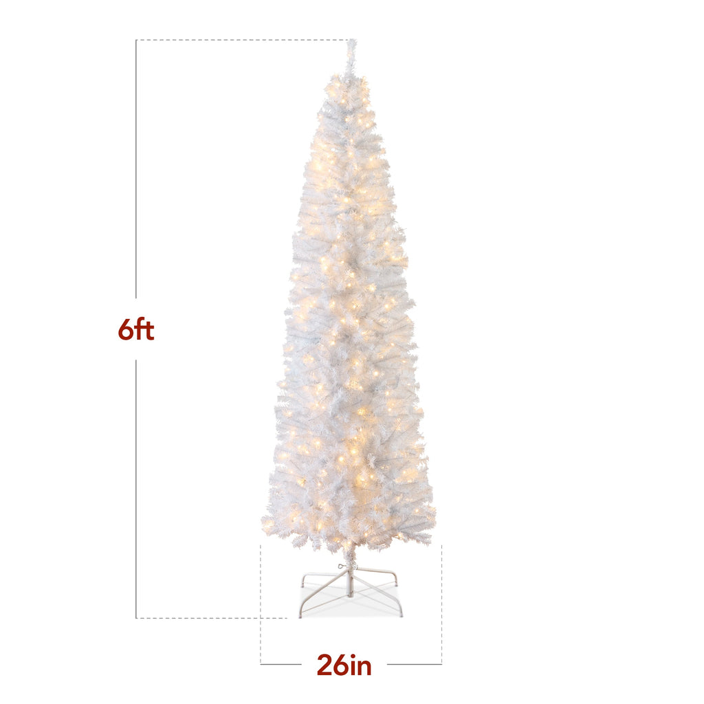 Pre-Lit White Pencil Christmas Tree with Metal Base Incandescent Lights for indoor and outdoor holiday displays