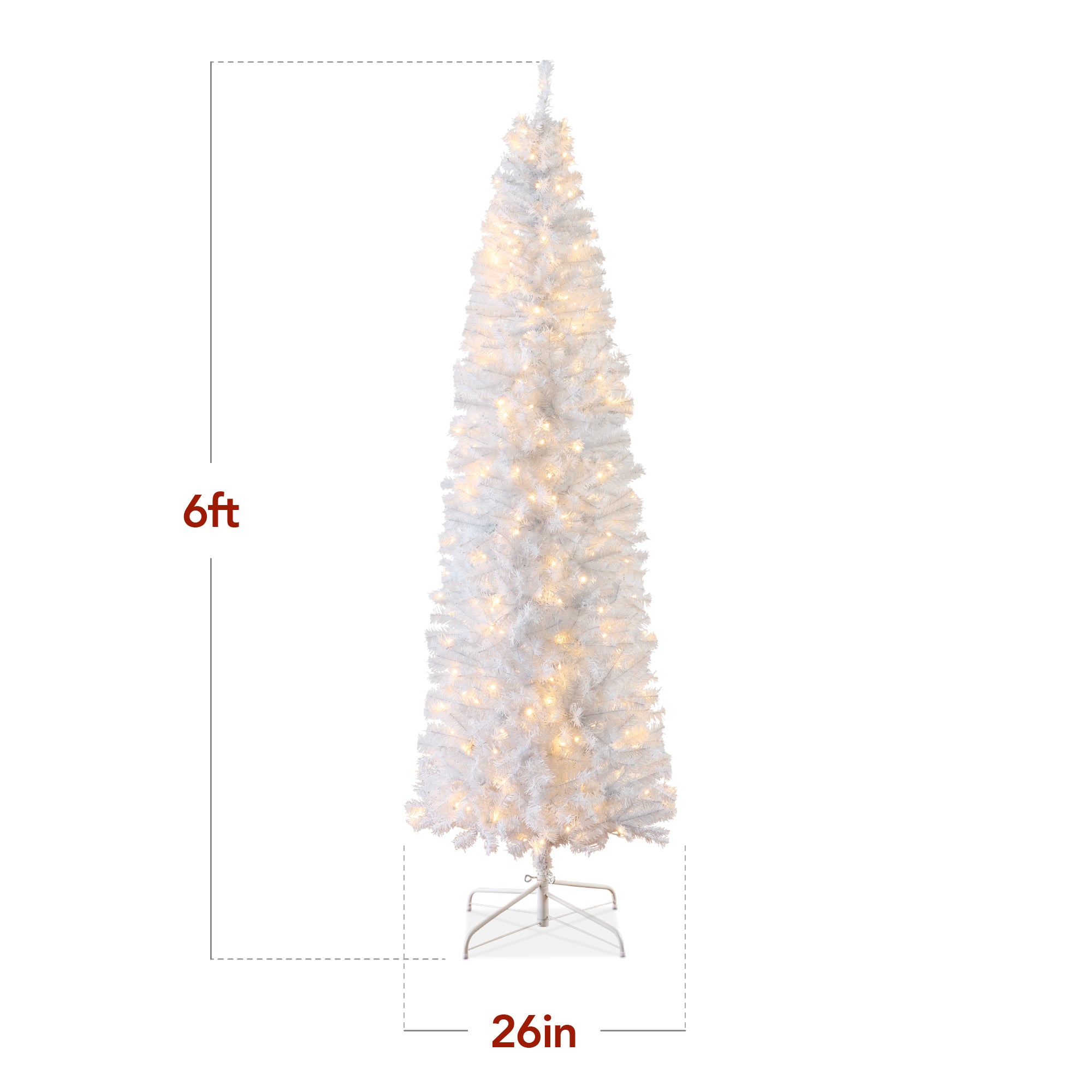 Pre-Lit White Pencil Christmas Tree with Metal Base Incandescent Lights for indoor and outdoor holiday displays