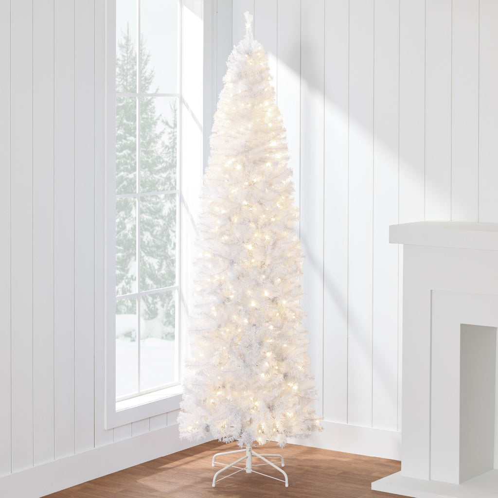 Pre-Lit White Pencil Christmas Tree with Metal Base Incandescent Lights for indoor and outdoor holiday displays