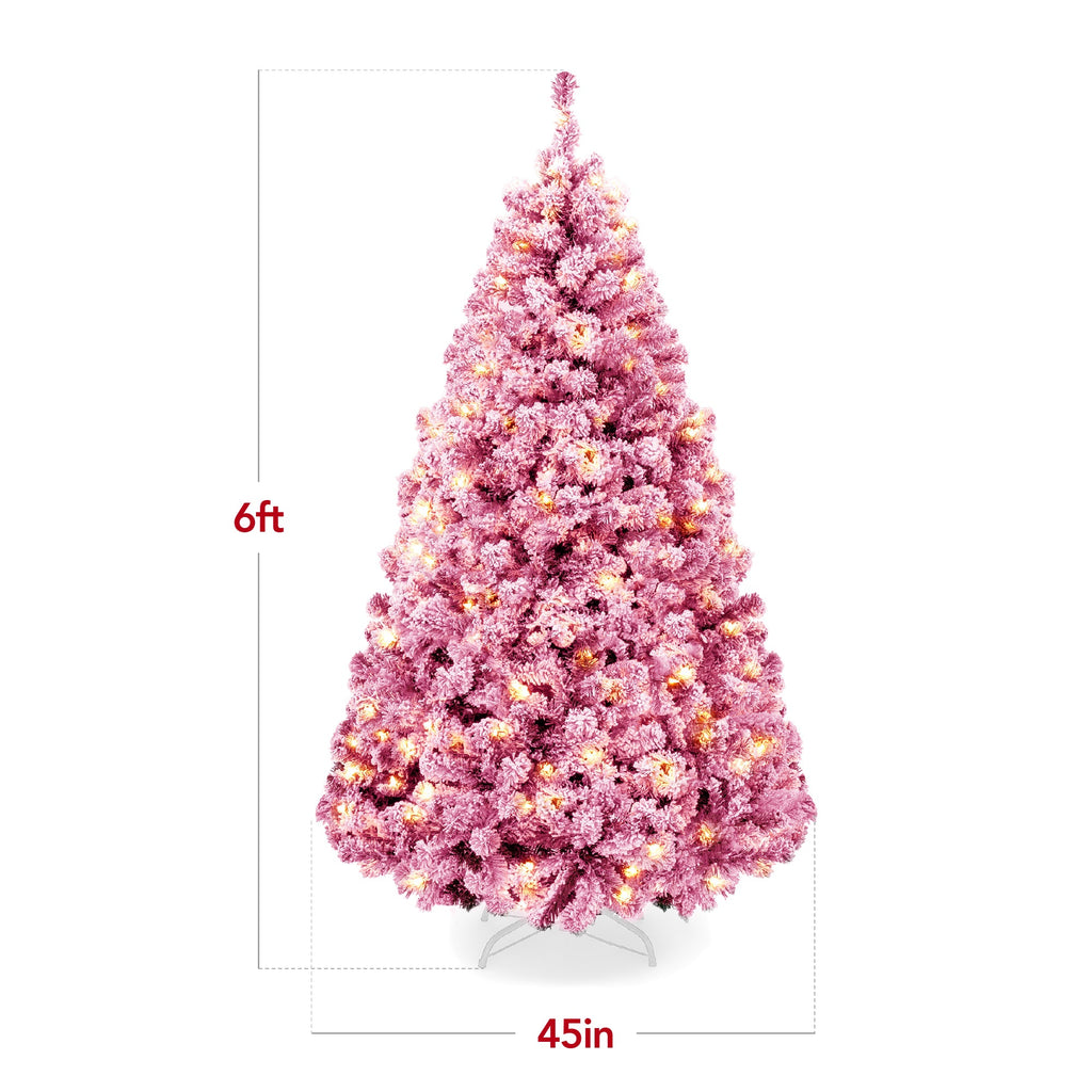 Prelit Pink Christmas Tree Snow Flocked Full Holiday Decor with Metal Base for indoor and outdoor holiday displays