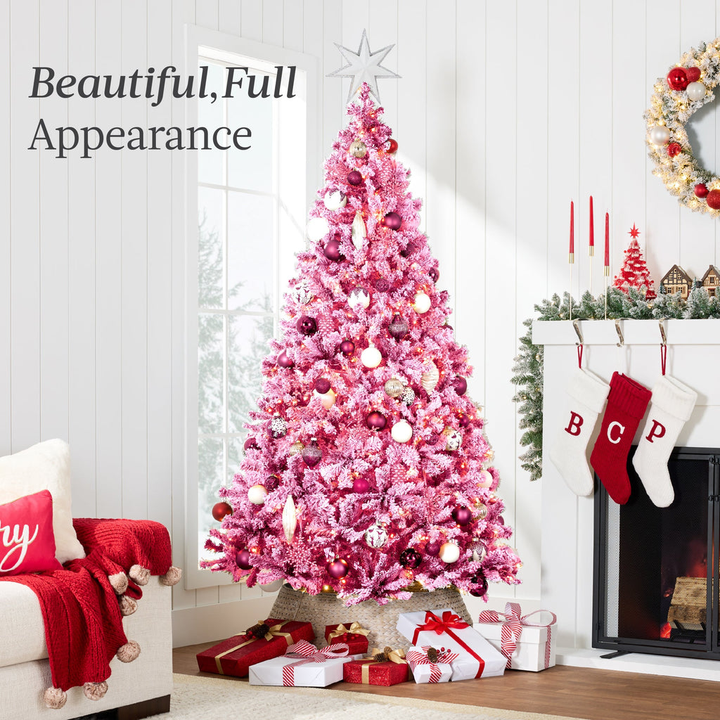 Prelit Pink Christmas Tree Snow Flocked Full Holiday Decor with Metal Base for indoor and outdoor holiday displays