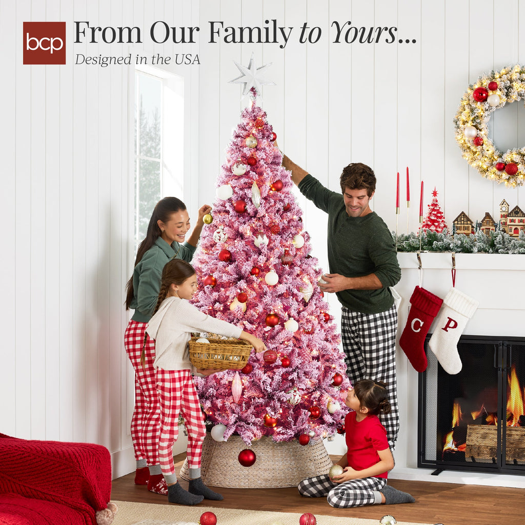Prelit Pink Christmas Tree Snow Flocked Full Holiday Decor with Metal Base for indoor and outdoor holiday displays