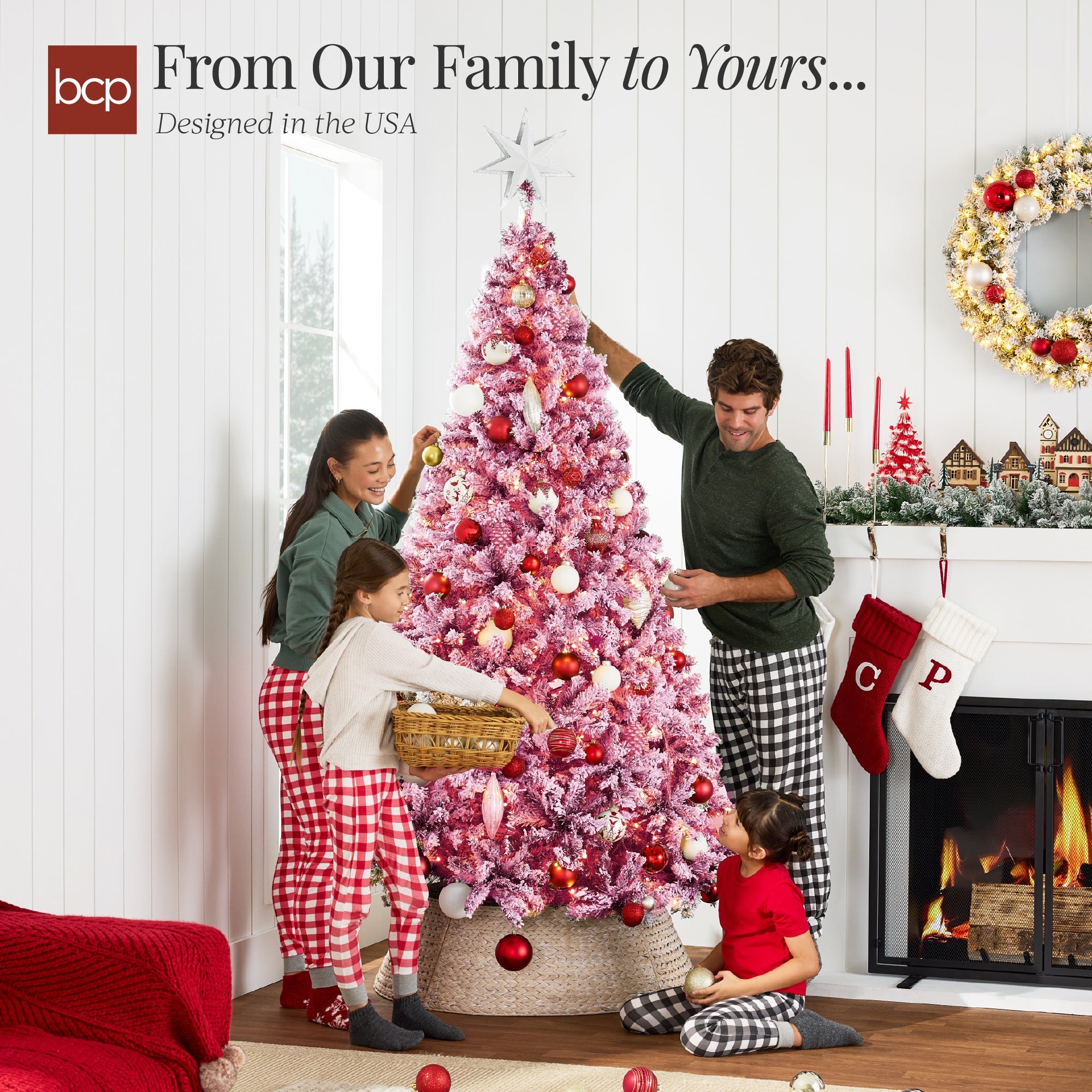 Prelit Pink Christmas Tree Snow Flocked Full Holiday Decor with Metal Base for indoor and outdoor holiday displays
