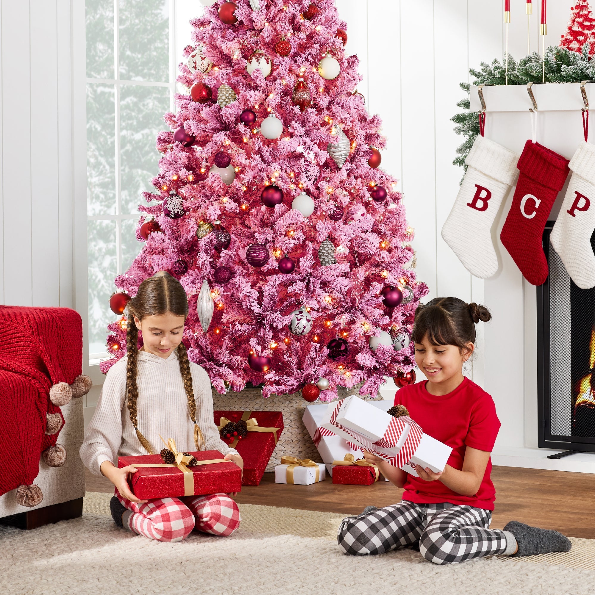 Prelit Pink Christmas Tree Snow Flocked Full Holiday Decor with Metal Base for indoor and outdoor holiday displays