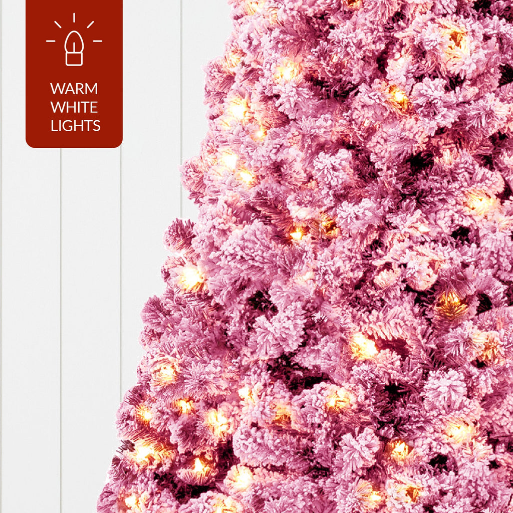 Prelit Pink Christmas Tree Snow Flocked Full Holiday Decor with Metal Base for indoor and outdoor holiday displays