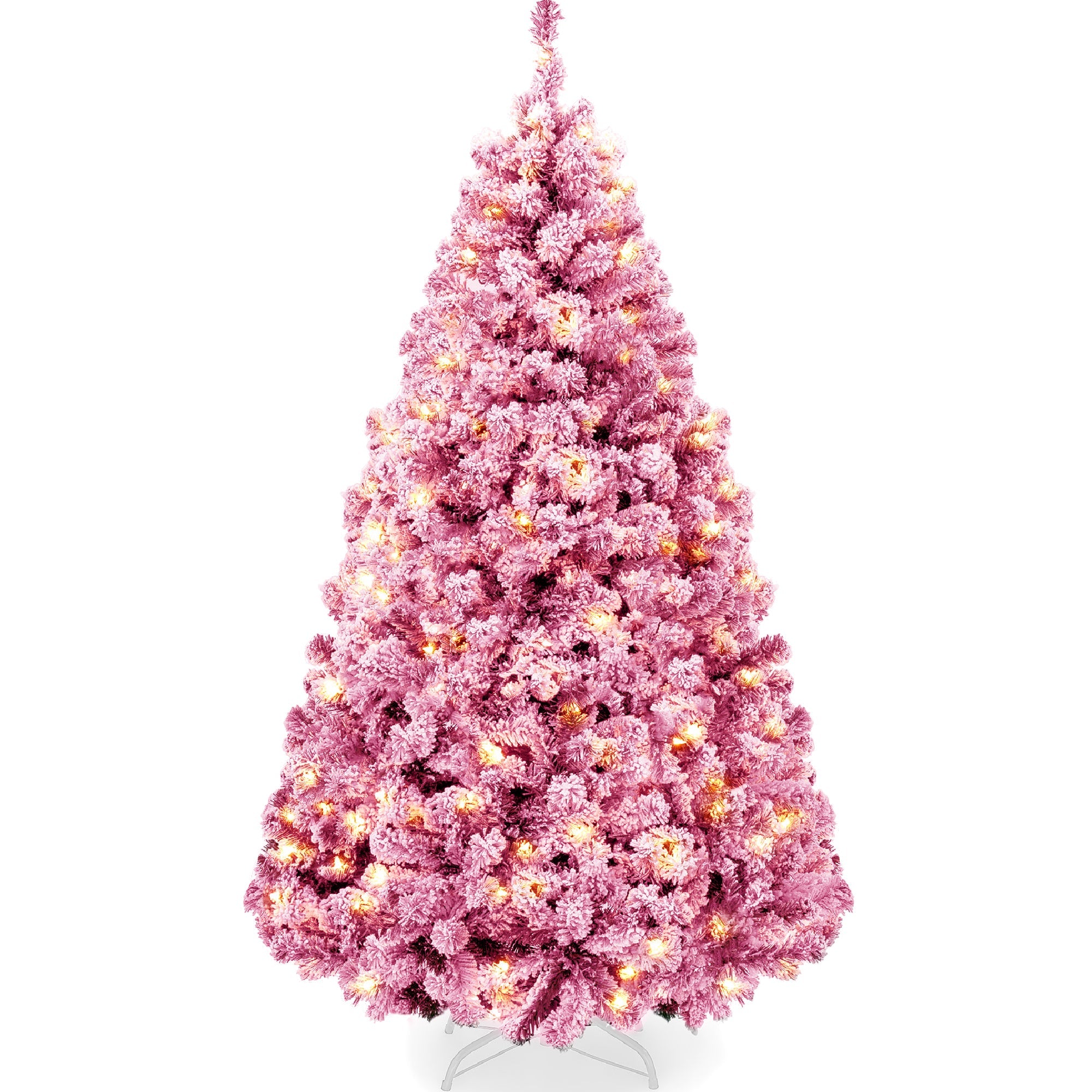 Prelit Pink Christmas Tree Snow Flocked Full Holiday Decor with Metal Base for indoor and outdoor holiday displays