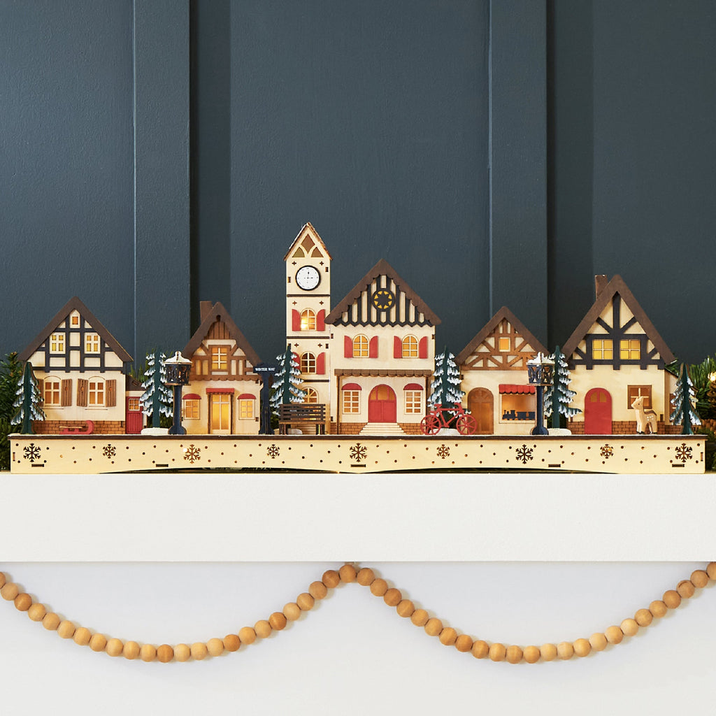 Pre-Lit Wooden Christmas Village Winter Mantel Decor with 20 LED Lights with eye-catching holiday style