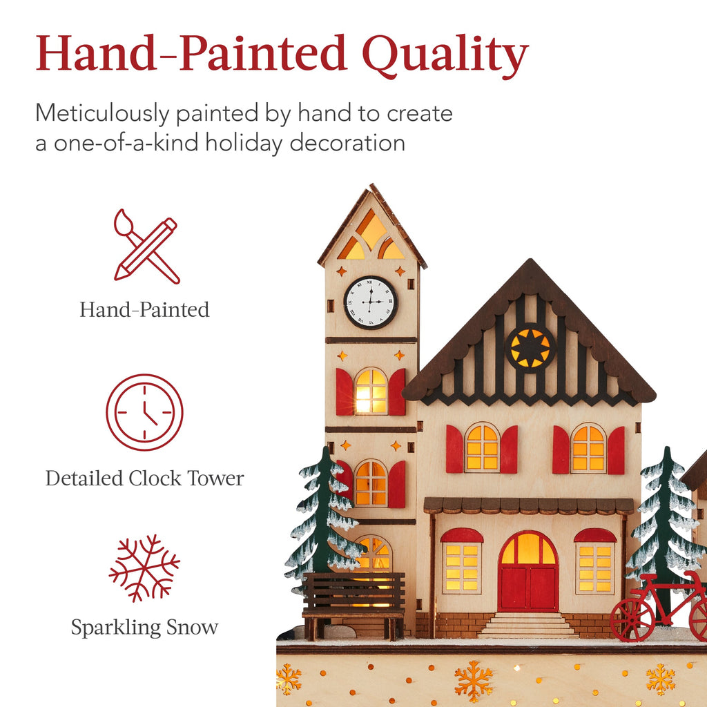 Pre-Lit Wooden Christmas Village Winter Mantel Decor with 20 LED Lights with eye-catching holiday style