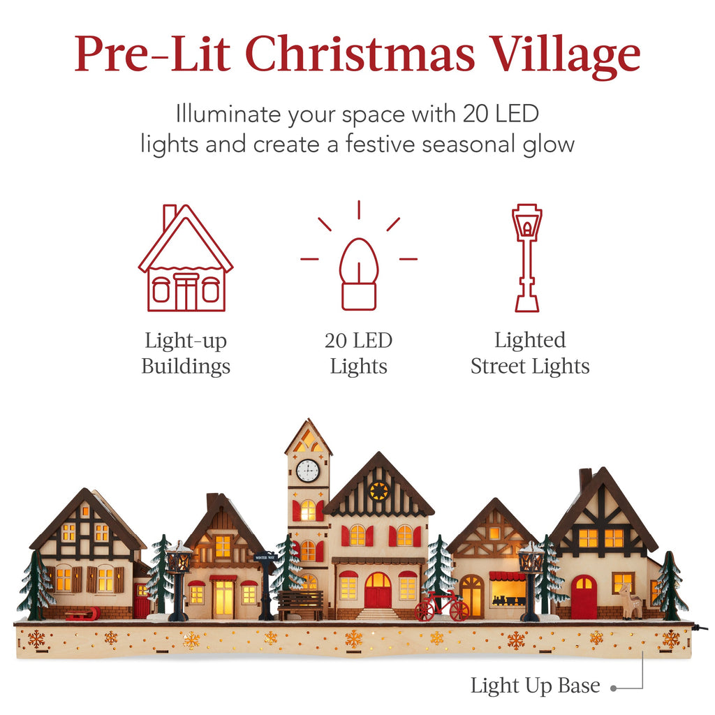 Pre-Lit Wooden Christmas Village Winter Mantel Decor with 20 LED Lights with eye-catching holiday style