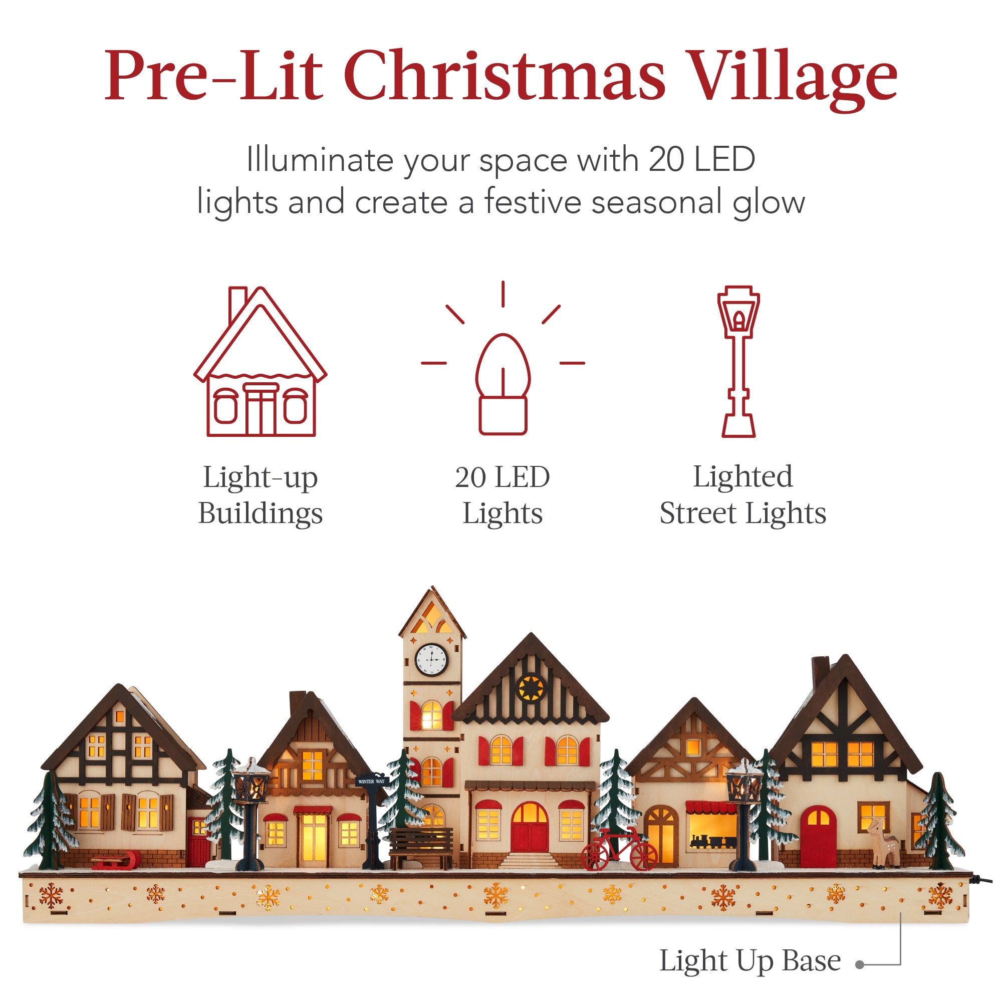 Pre-Lit Wooden Christmas Village Winter Mantel Decor with 20 LED Lights with eye-catching holiday style