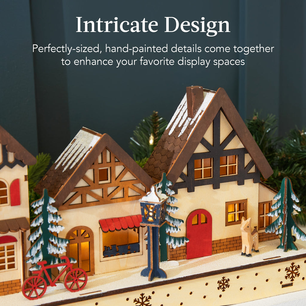 Pre-Lit Wooden Christmas Village Winter Mantel Decor with 20 LED Lights with eye-catching holiday style