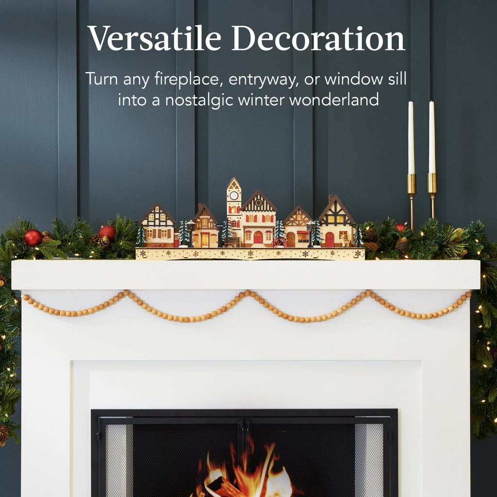 Pre-Lit Wooden Christmas Village Winter Mantel Decor with 20 LED Lights with eye-catching holiday style