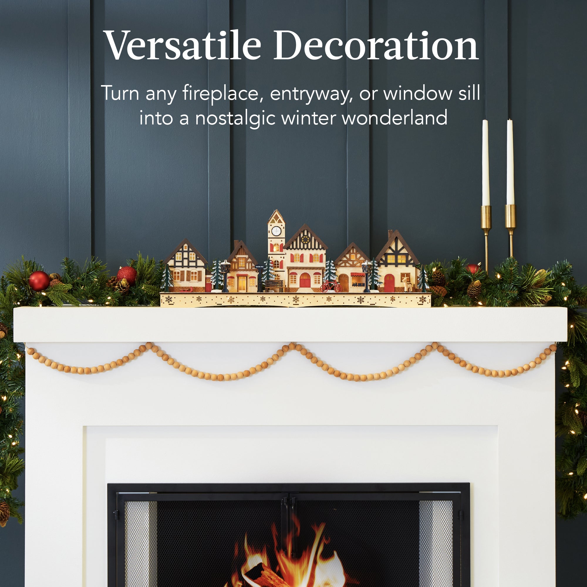 Pre-Lit Wooden Christmas Village Winter Mantel Decor with 20 LED Lights with eye-catching holiday style