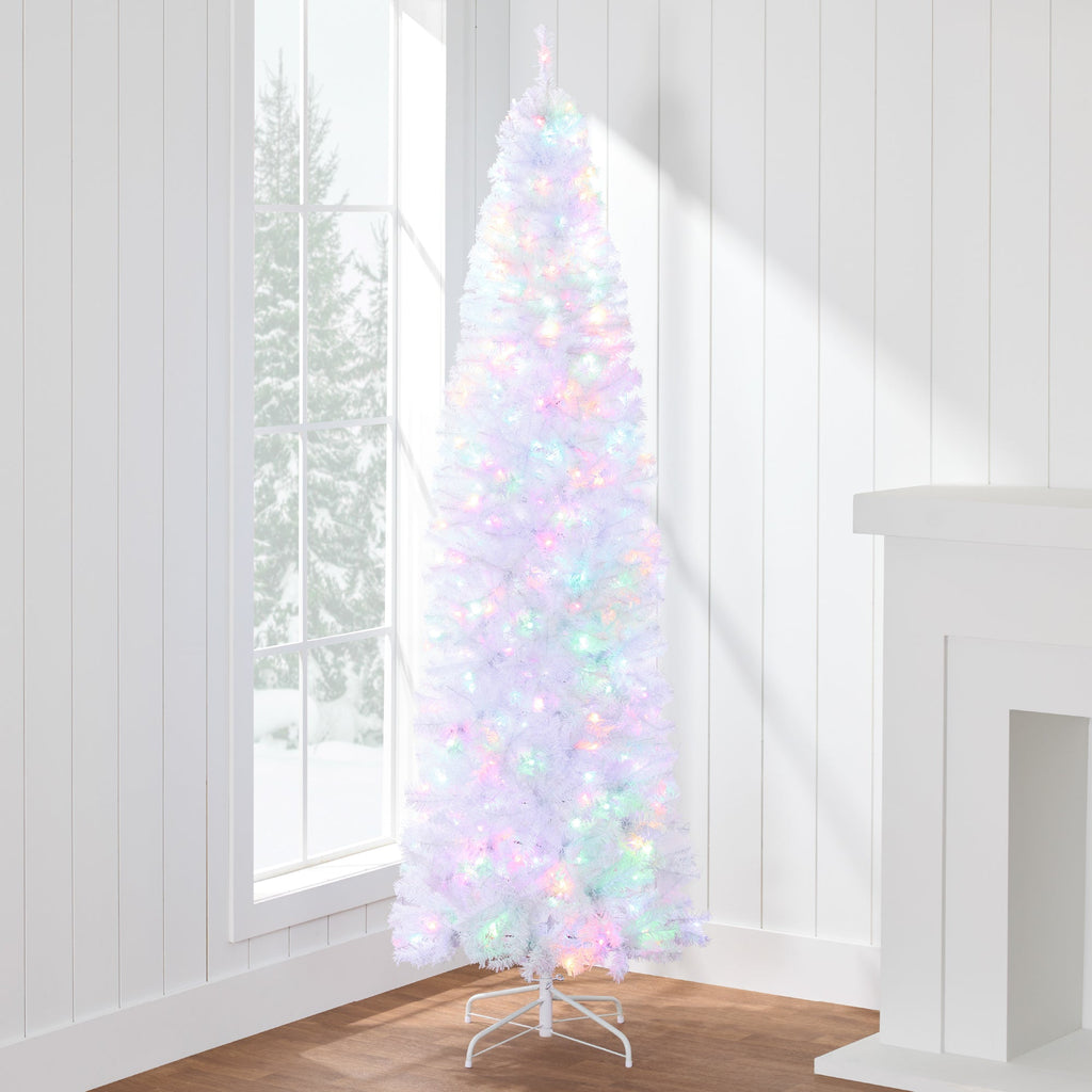 Pre-Lit White Pencil Christmas Tree with Metal Base 2-in-1 Multicolor Lights with eye-catching holiday style