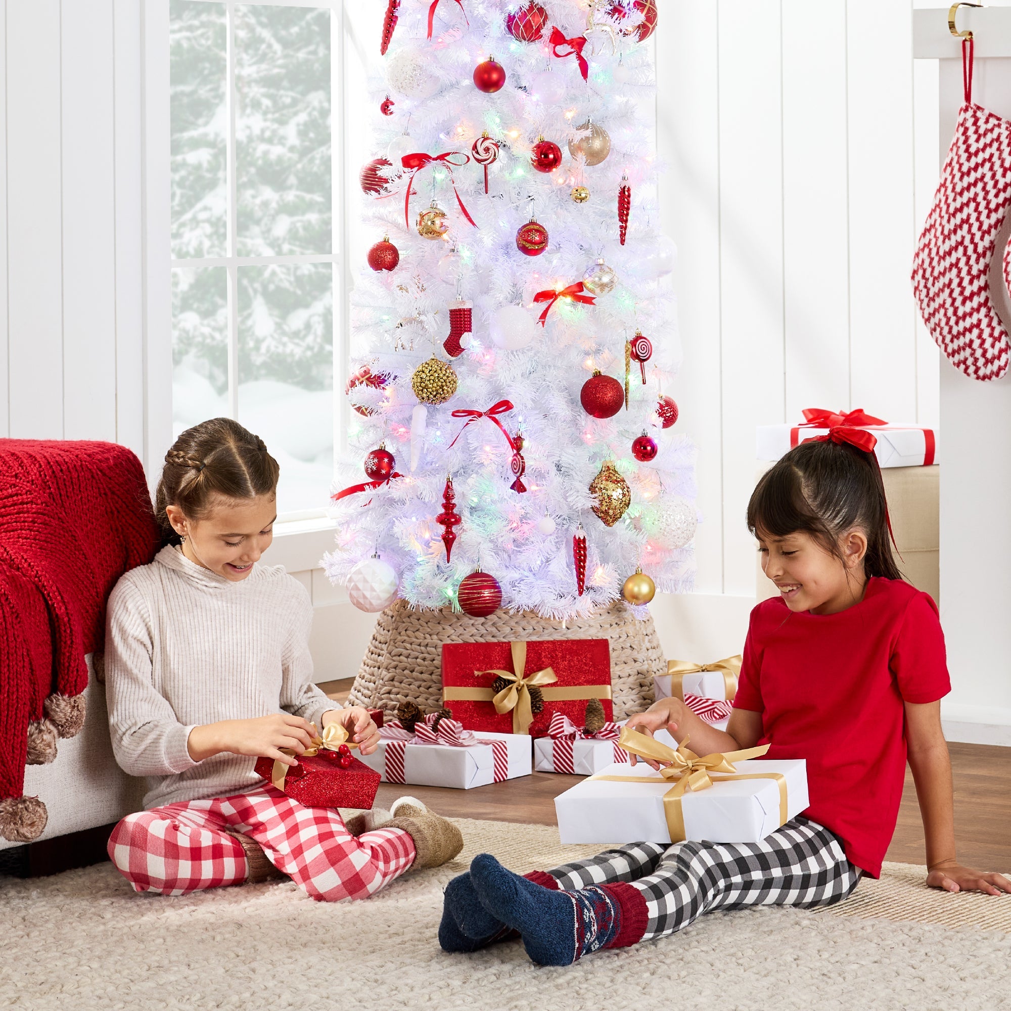 Pre-Lit White Pencil Christmas Tree with Metal Base 2-in-1 Multicolor Lights with eye-catching holiday style