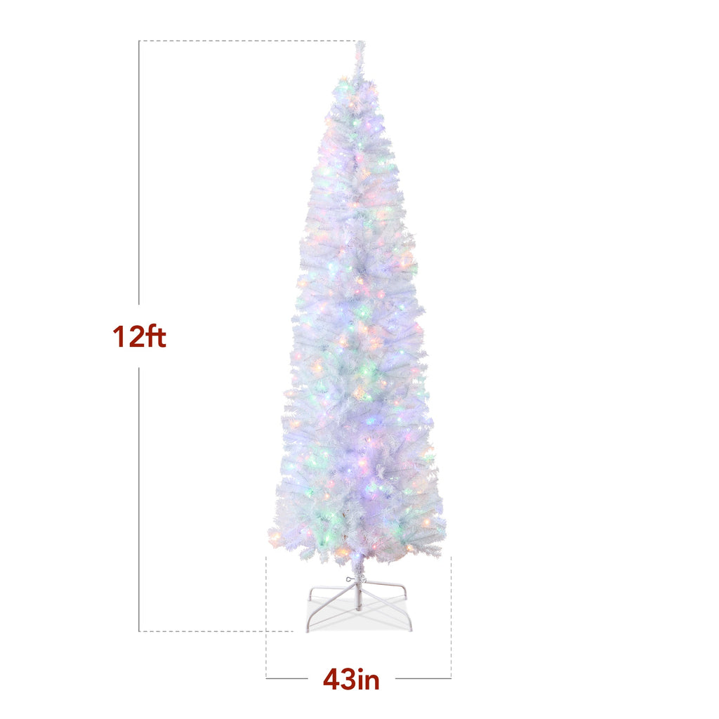 Pre-Lit White Pencil Christmas Tree with Metal Base 2-in-1 Multicolor Lights with eye-catching holiday style