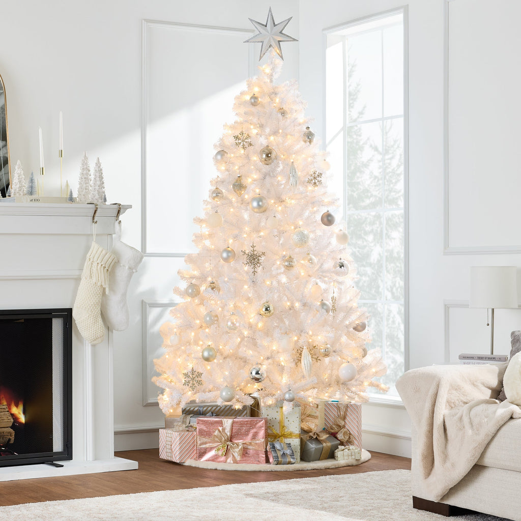 Prelit White Artificial Tinsel Christmas Tree with Foldable Stand for indoor and outdoor holiday displays