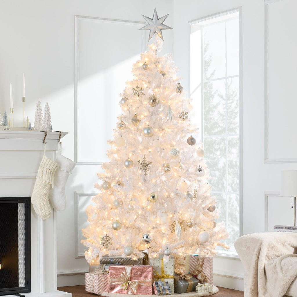 Prelit White Artificial Tinsel Christmas Tree with Foldable Stand for indoor and outdoor holiday displays