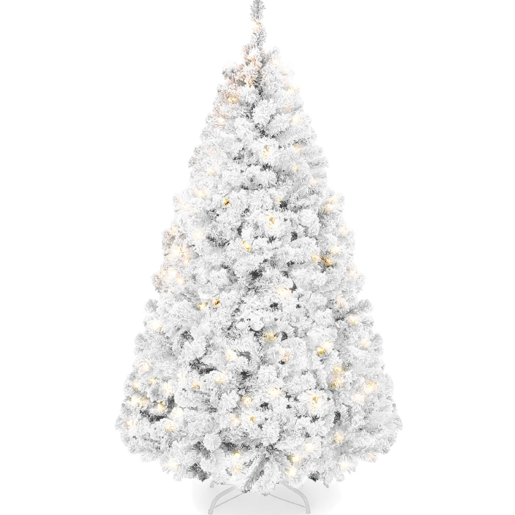 Pre-Lit White Snow Flocked Artificial Pine Christmas Tree with 2-in-1 Lights for festive seasonal decorating