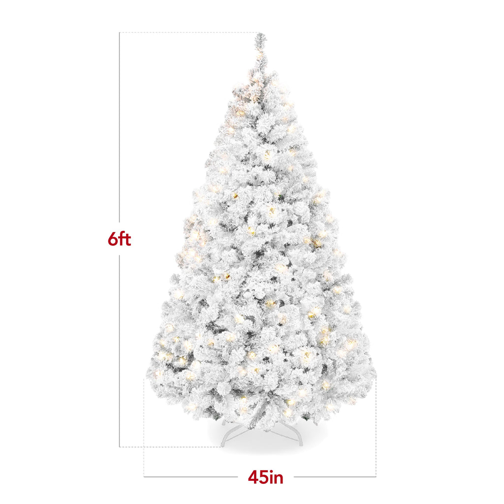 Pre-Lit White Snow Flocked Artificial Pine Christmas Tree with 2-in-1 Lights for festive seasonal decorating