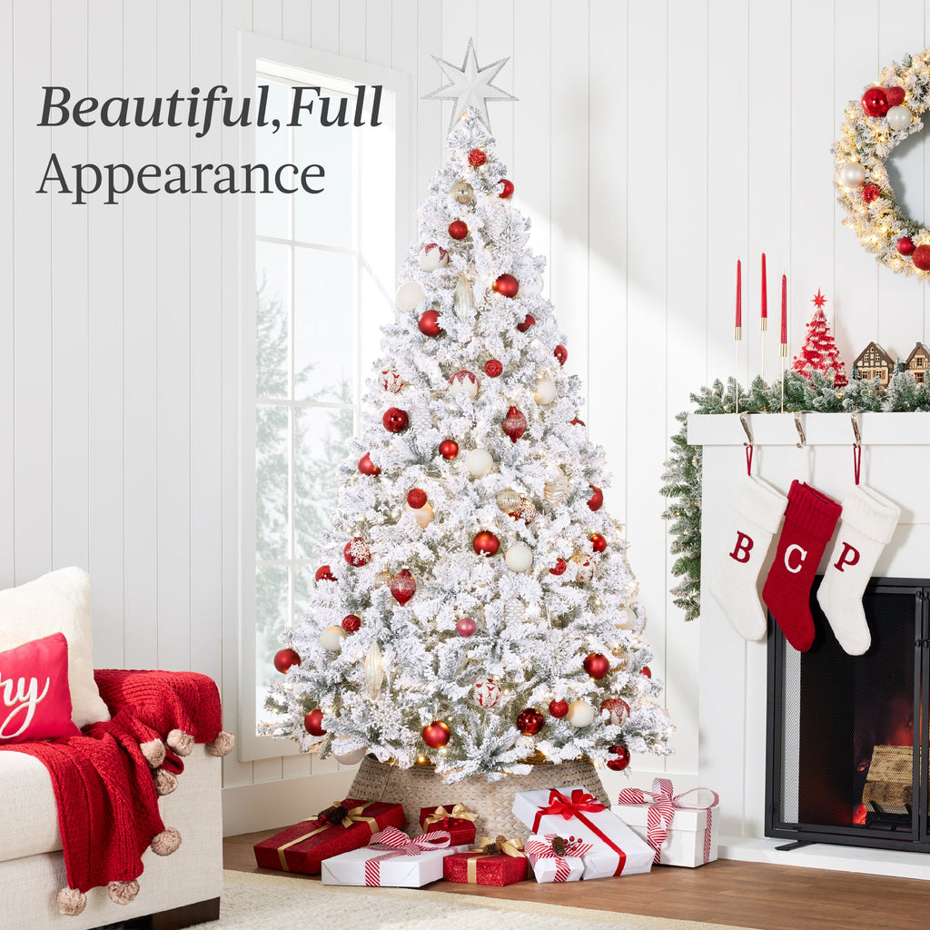 Pre-Lit White Snow Flocked Artificial Pine Christmas Tree with 2-in-1 Lights for festive seasonal decorating