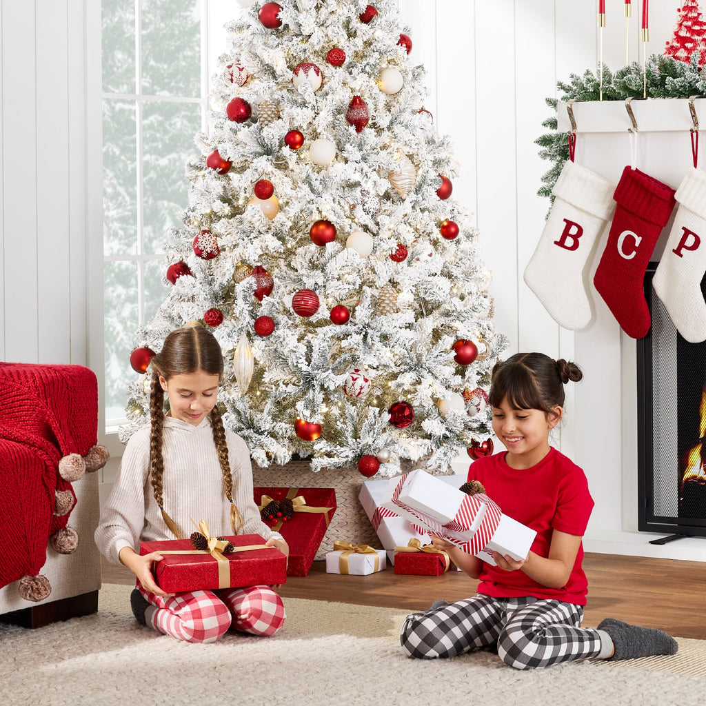 Pre-Lit White Snow Flocked Artificial Pine Christmas Tree with 2-in-1 Lights for festive seasonal decorating