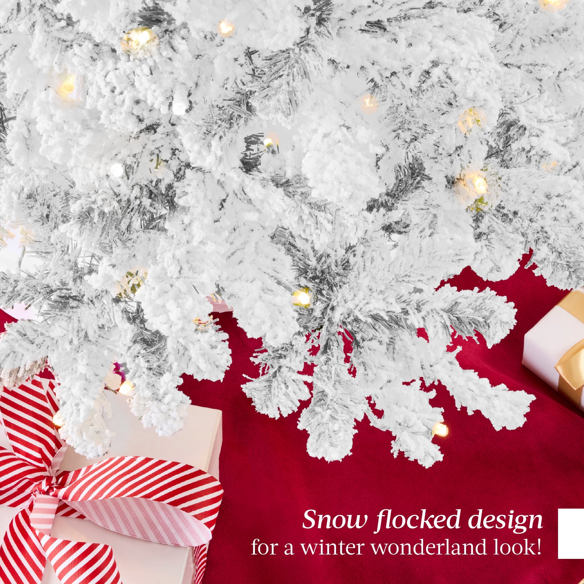 Pre-Lit White Snow Flocked Artificial Pine Christmas Tree with 2-in-1 Lights for festive seasonal decorating
