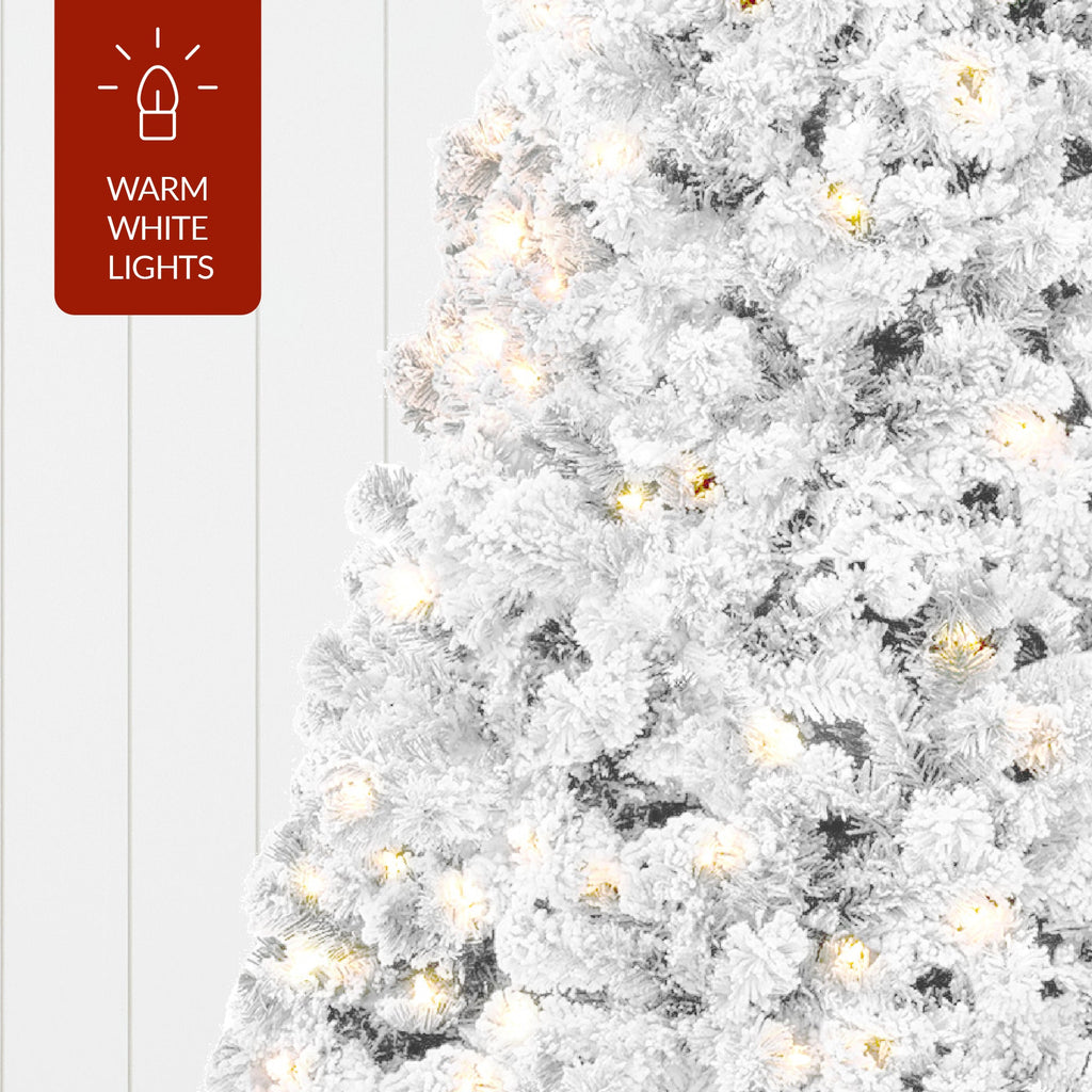 Pre-Lit White Snow Flocked Artificial Pine Christmas Tree with 2-in-1 Lights for festive seasonal decorating