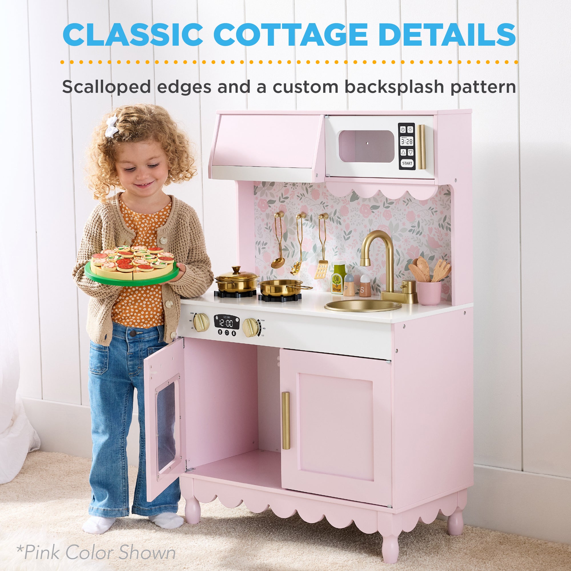 Pretend Play Cottage Kitchen Wooden Toy Set for Kids with 5 Accessories with fun features for everyday play