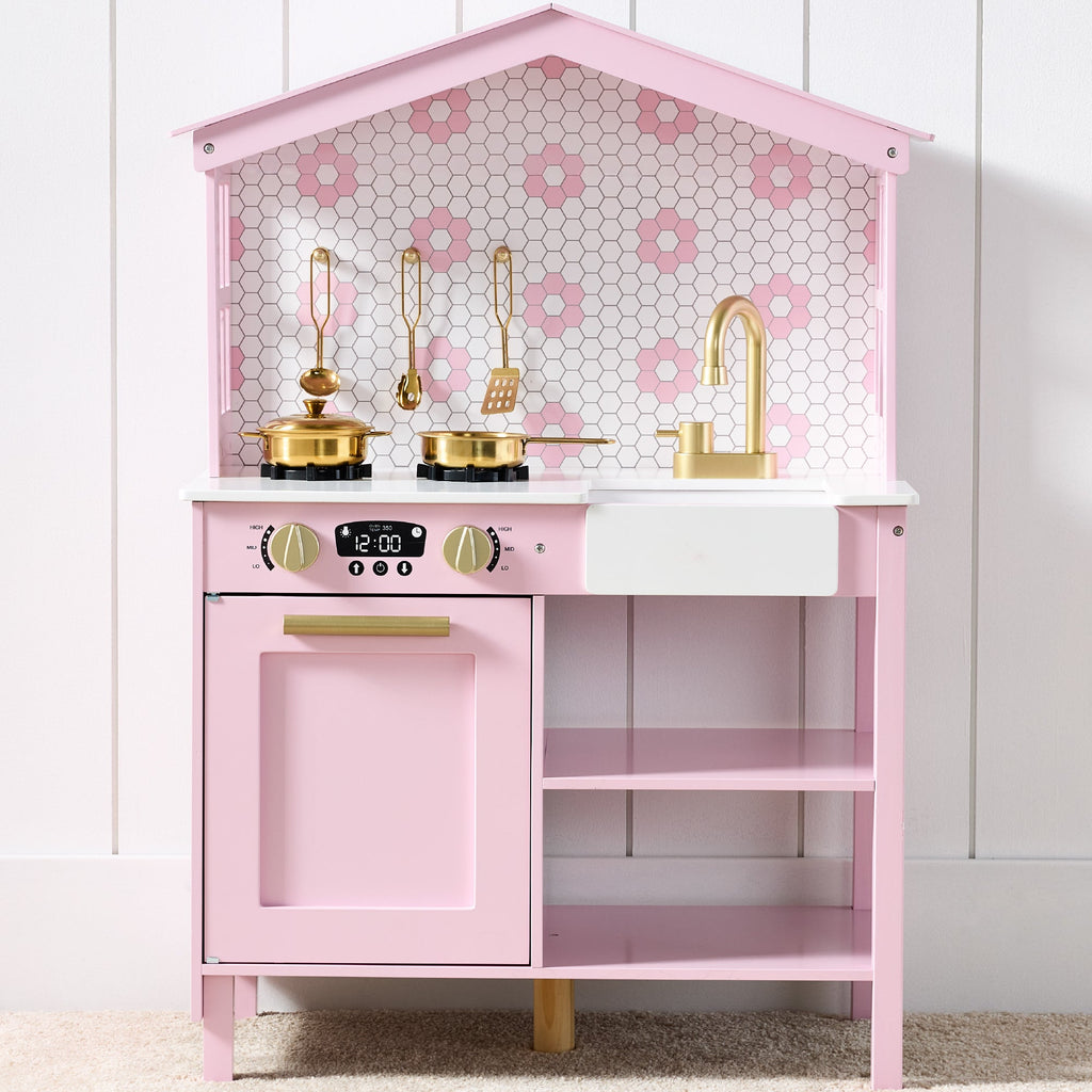 Pretend Play Wooden Farmhouse Kitchen Set with Storage 5 Accessories for convenient daily use