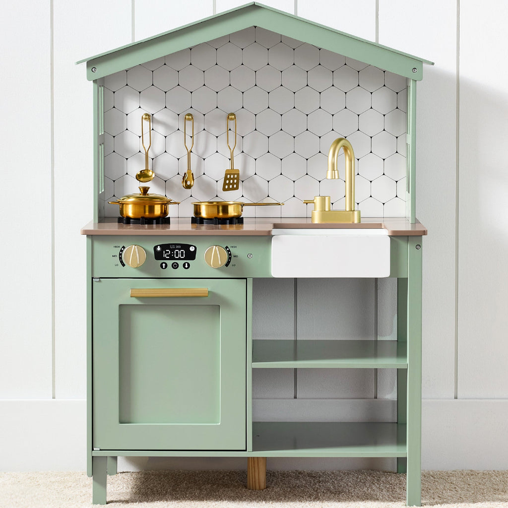 Pretend Play Wooden Farmhouse Kitchen Set with Storage 5 Accessories for convenient daily use