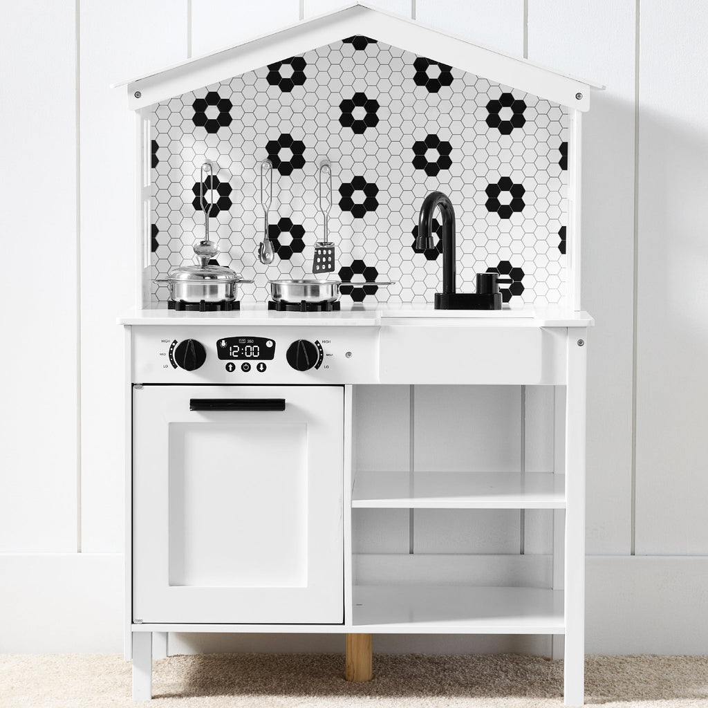 Pretend Play Wooden Farmhouse Kitchen Set with Storage 5 Accessories for convenient daily use